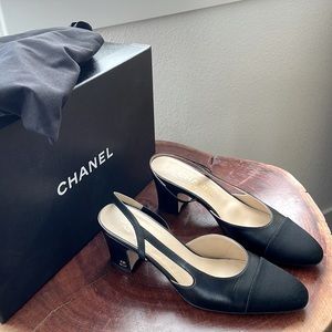 Chanel Goatskin Grosgrain Slingbacks-Black